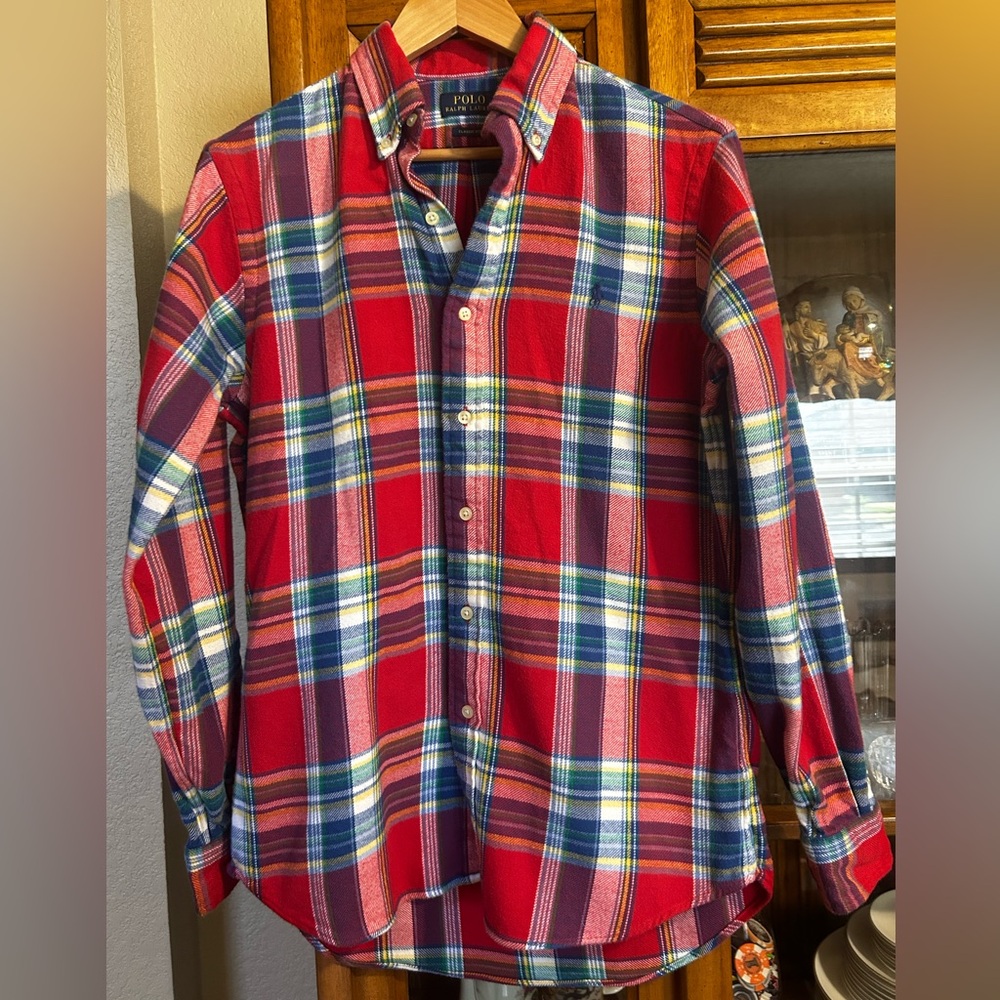 Polo Ralph Lauren Classic Fit Red Plaid Button Down Cotton Flannel Shirt Size S